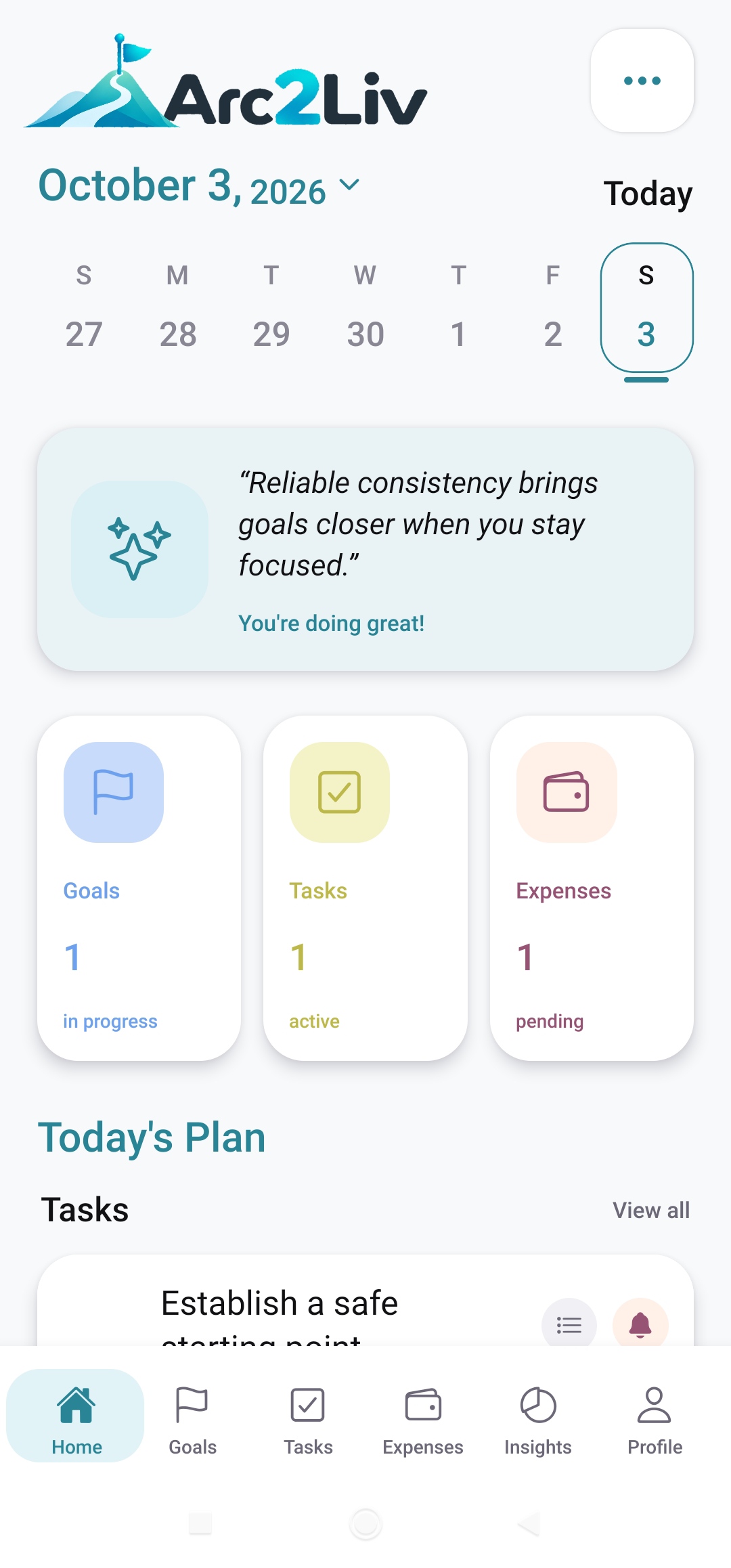 Arc2Liv home dashboard with a weekly calendar, goal, task, and expense summaries, and today's plan