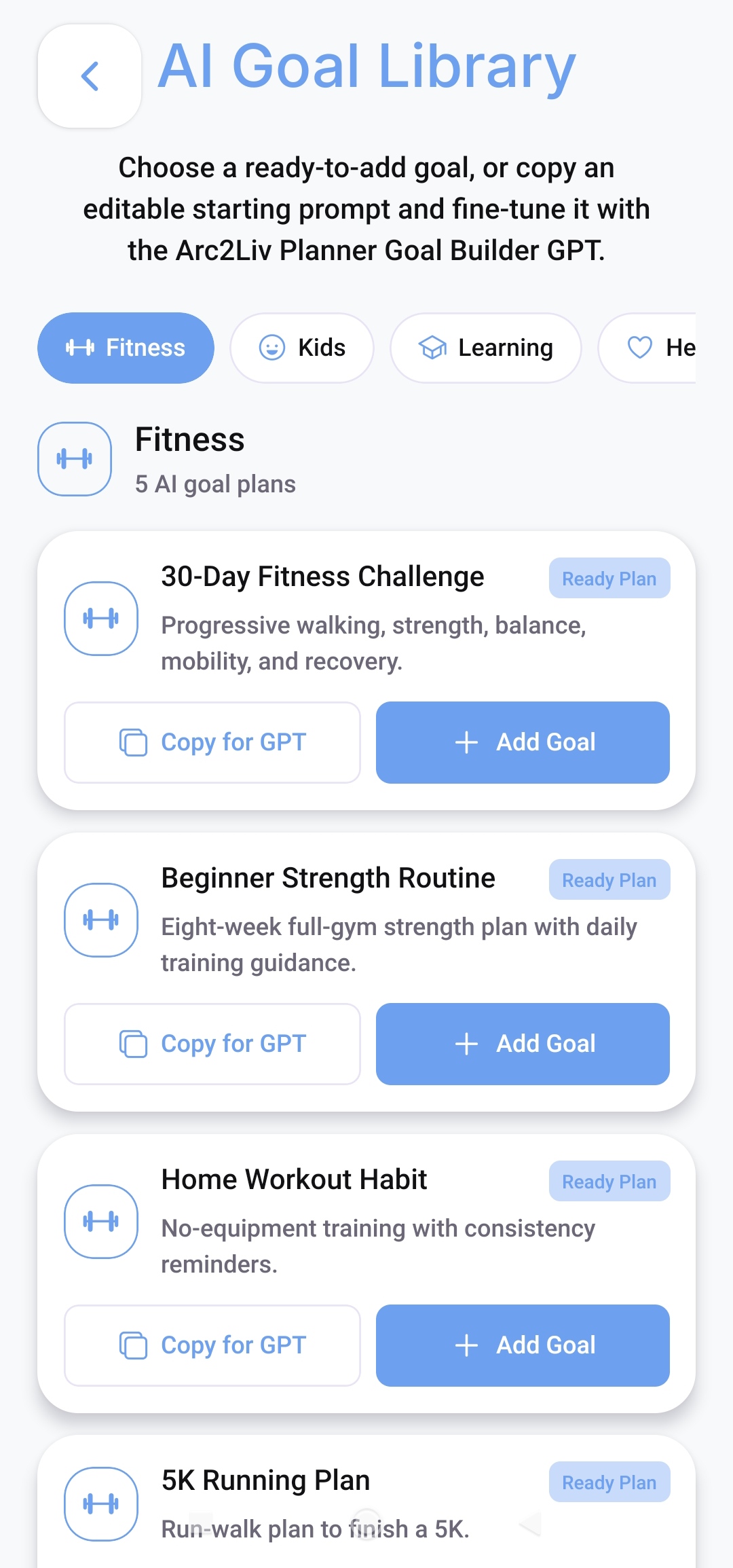 AI Goal Library showing ready-to-add fitness plans and editable GPT prompts