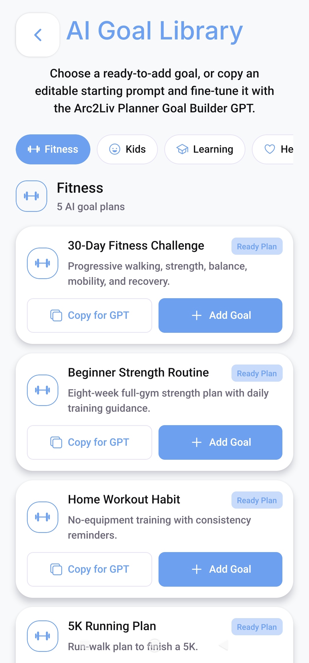 AI Goal Library showing ready-to-add fitness plans and editable GPT prompts