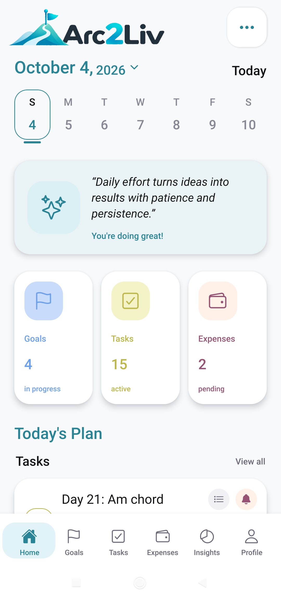 Arc2Liv home dashboard with a weekly calendar, goal, task, and expense summaries, and today's plan
